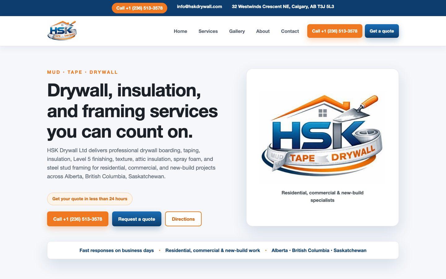 Screenshot of the HSK Drywall website